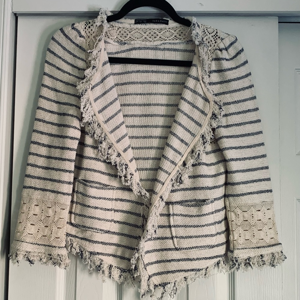 Zara Cream and Navy Striped Crochet-Trim Open Front Blazer